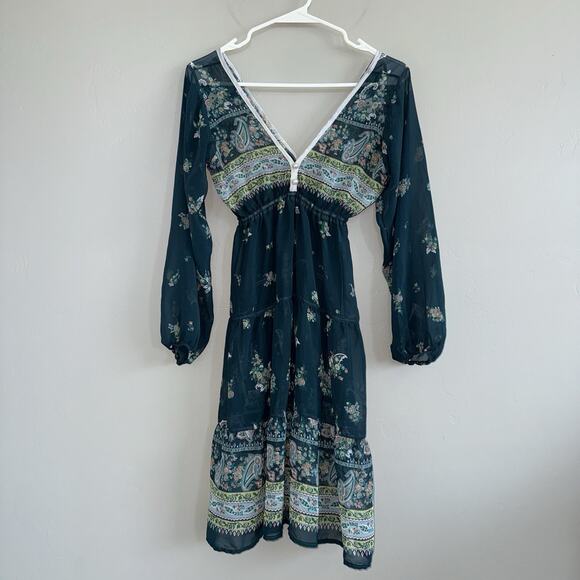 Boho Sheer Floral Tiered Mini Dress Deep V-Neck Long Sleeve XS/S Green Paisley - Picture 6 of 7